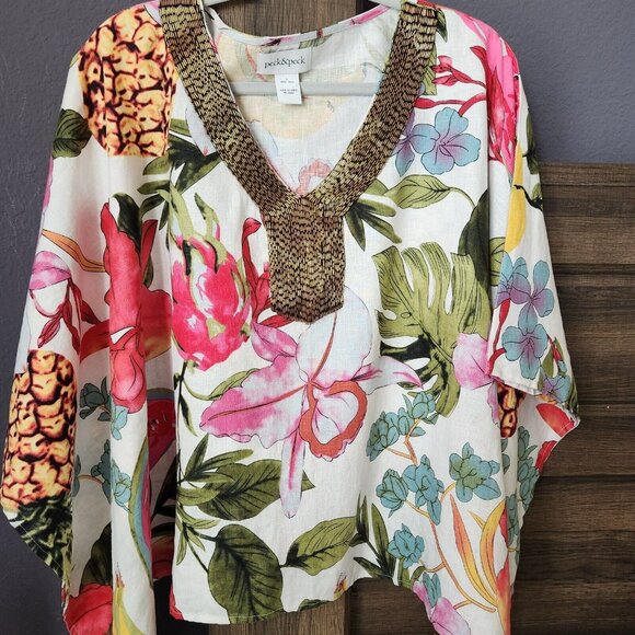 Peck & Peck 100% Linen Blouse L Floral Beaded Collar Poncho Oversize Boxy Kimono - Picture 2 of 14